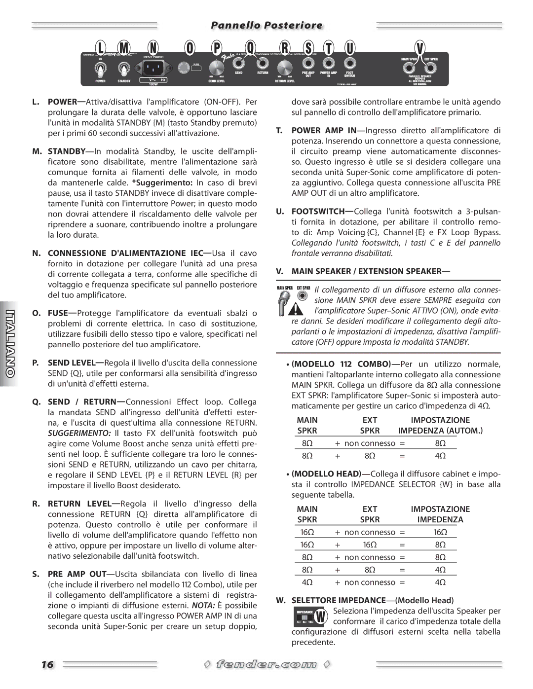 Fender Combo Amplifiers manual Pannello Posteriore, Selettore IMPEDANCE-Modello Head, EXT Impostazione, Impedenza Autom 