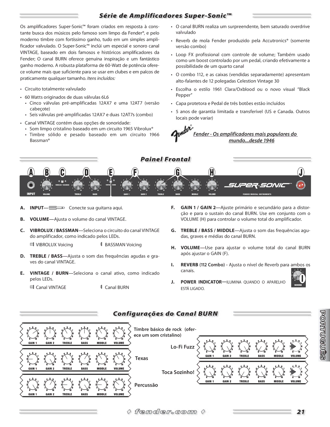 Fender Combo Amplifiers manual Série de Amplificadores Super-Sonic, Painel Frontal, Configurações do Canal Burn 