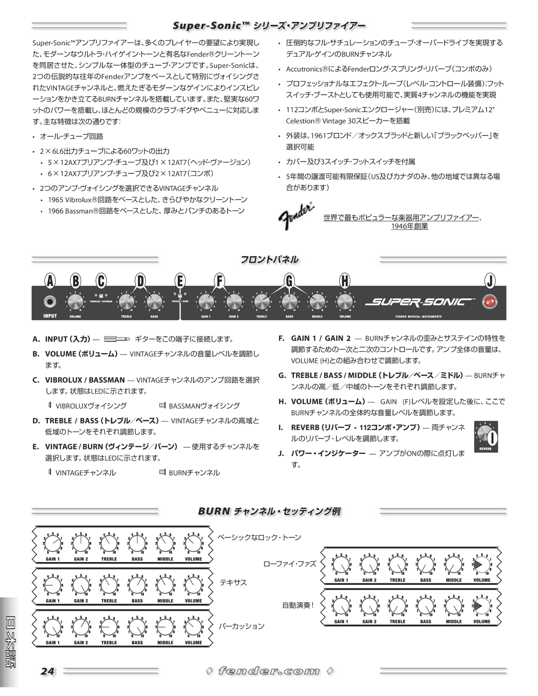 Fender Combo Amplifiers manual Super-Sonic シリーズ・アンプリファイアー, フロントパネル 