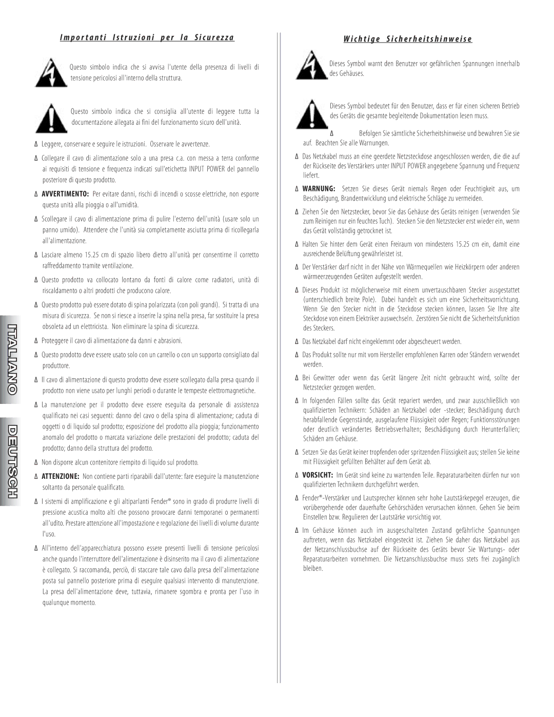 Fender Combo Amplifiers manual C h t i g e S i c h e r h e i t s h i n w e i s e 