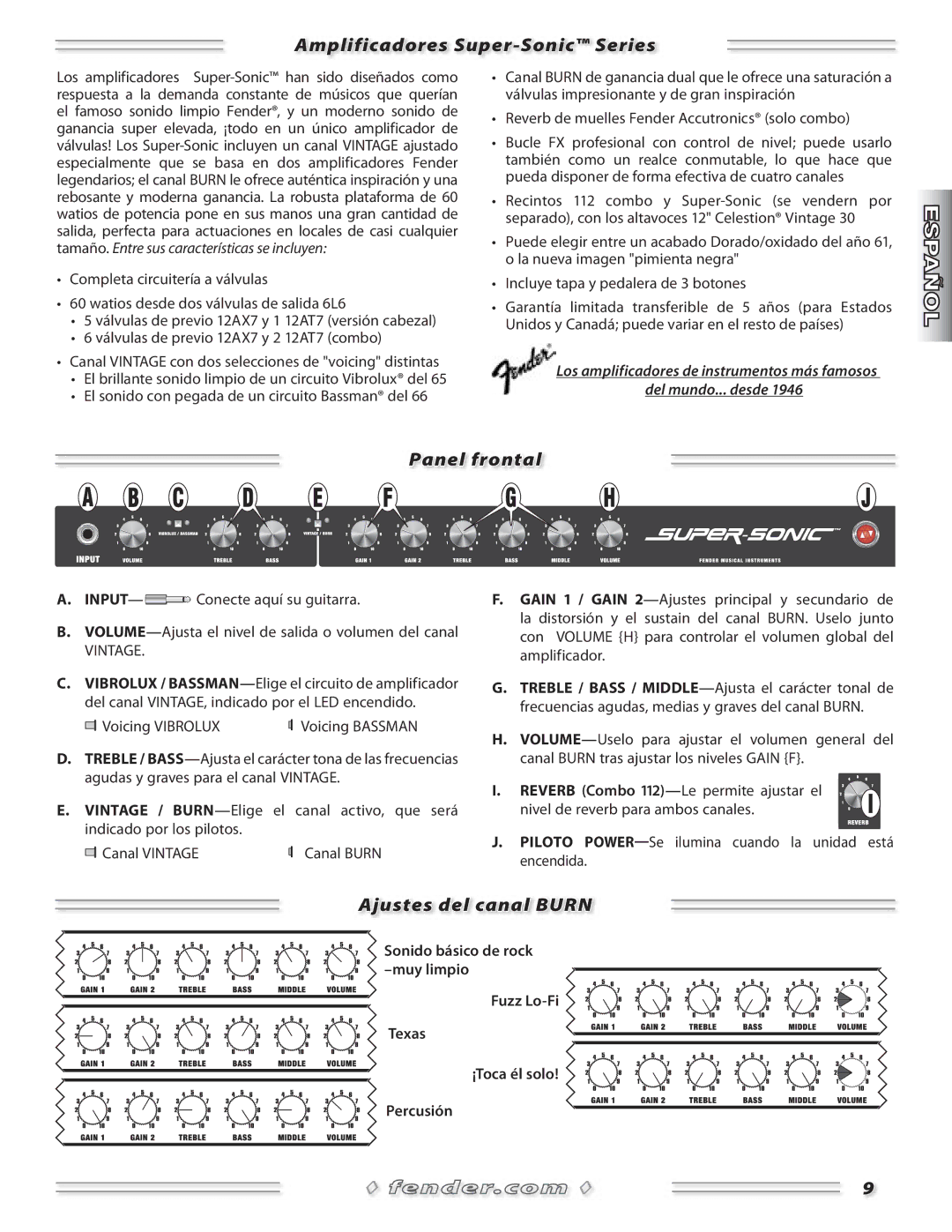 Fender Combo Amplifiers manual Amplificadores Super-Sonic Series, Panel frontal, Ajustes del canal Burn 