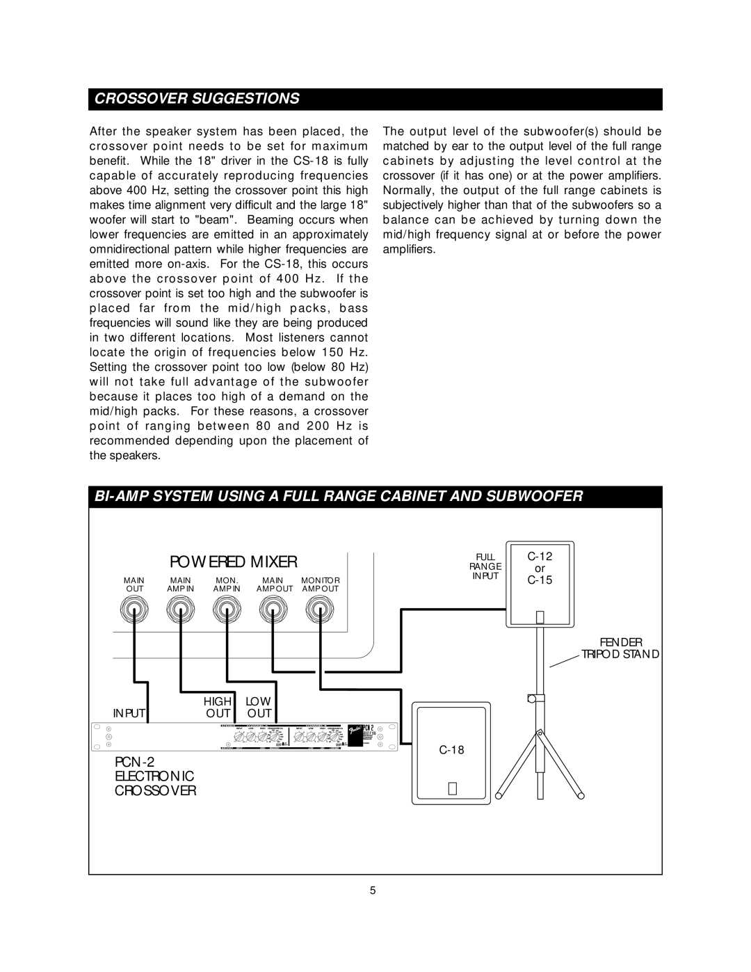 Fender CS-18 owner manual Powered Mixer, Crossover Suggestions, BI-AMP System Using a Full Range Cabinet and Subwoofer 