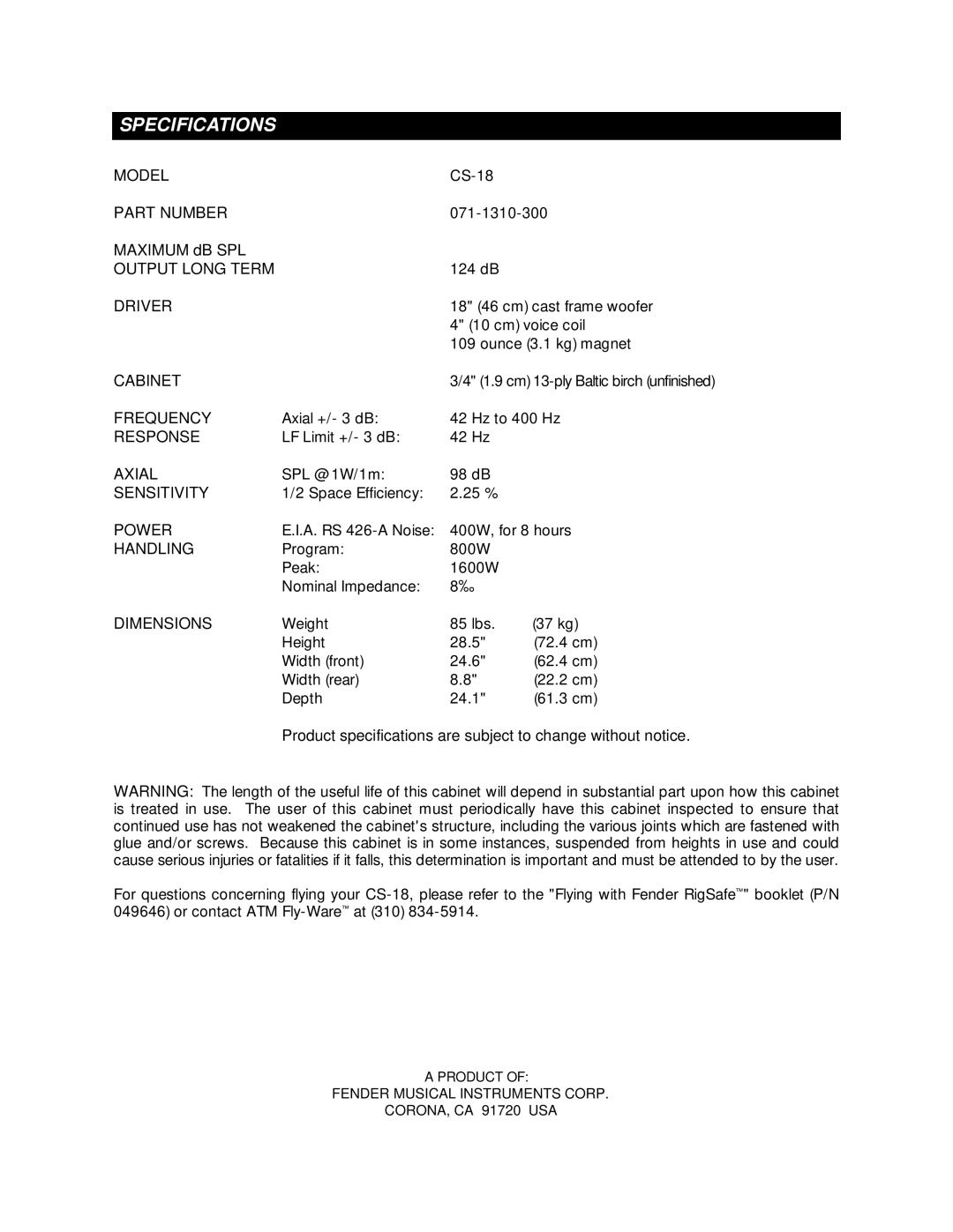 Fender CS-18 owner manual Specifications, Dimensions 