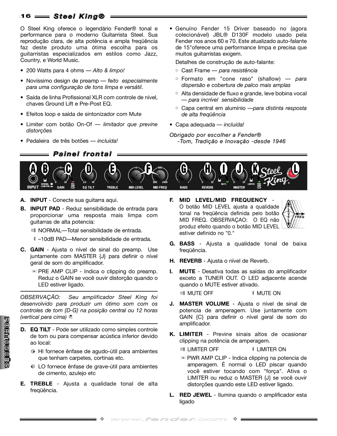 Fender D130F manual Painel frontal, Cast Frame para resistência 