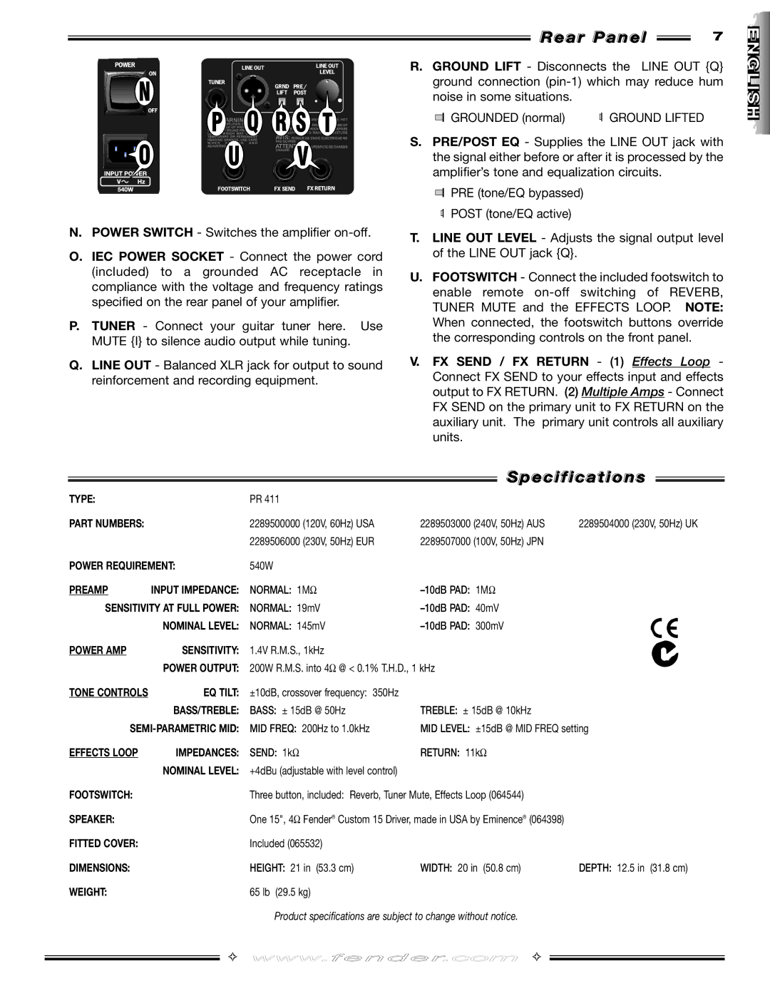 Fender D130F manual Rear Panel, Specifications 