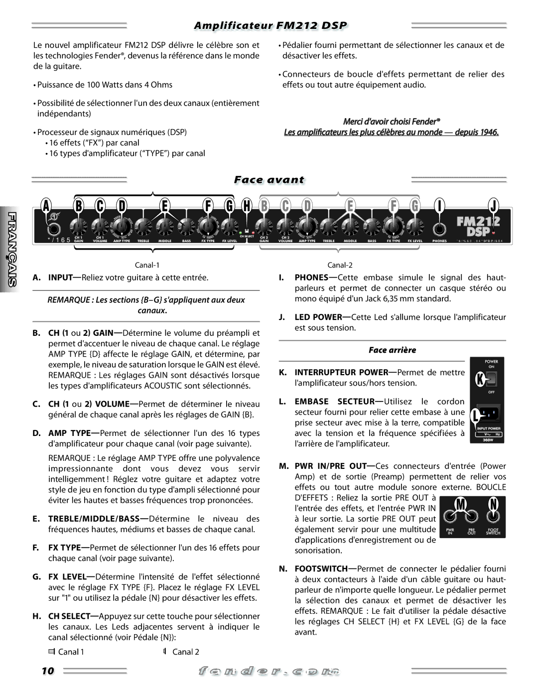 Fender FM 212 DSP Amplificateur FM212 DSP, Face avant, Remarque Les sections B-G sappliquent aux deux Canaux, Face arrière 