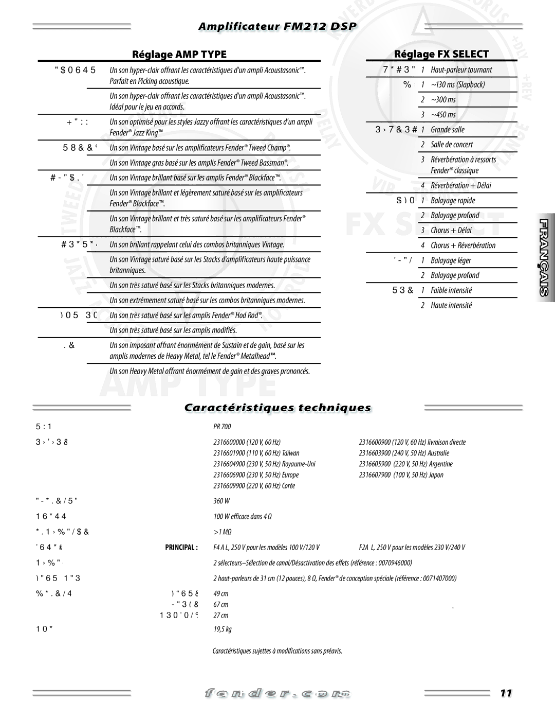 Fender FM 212 DSP manual Réglage AMP Type, Caractéristiques techniques 