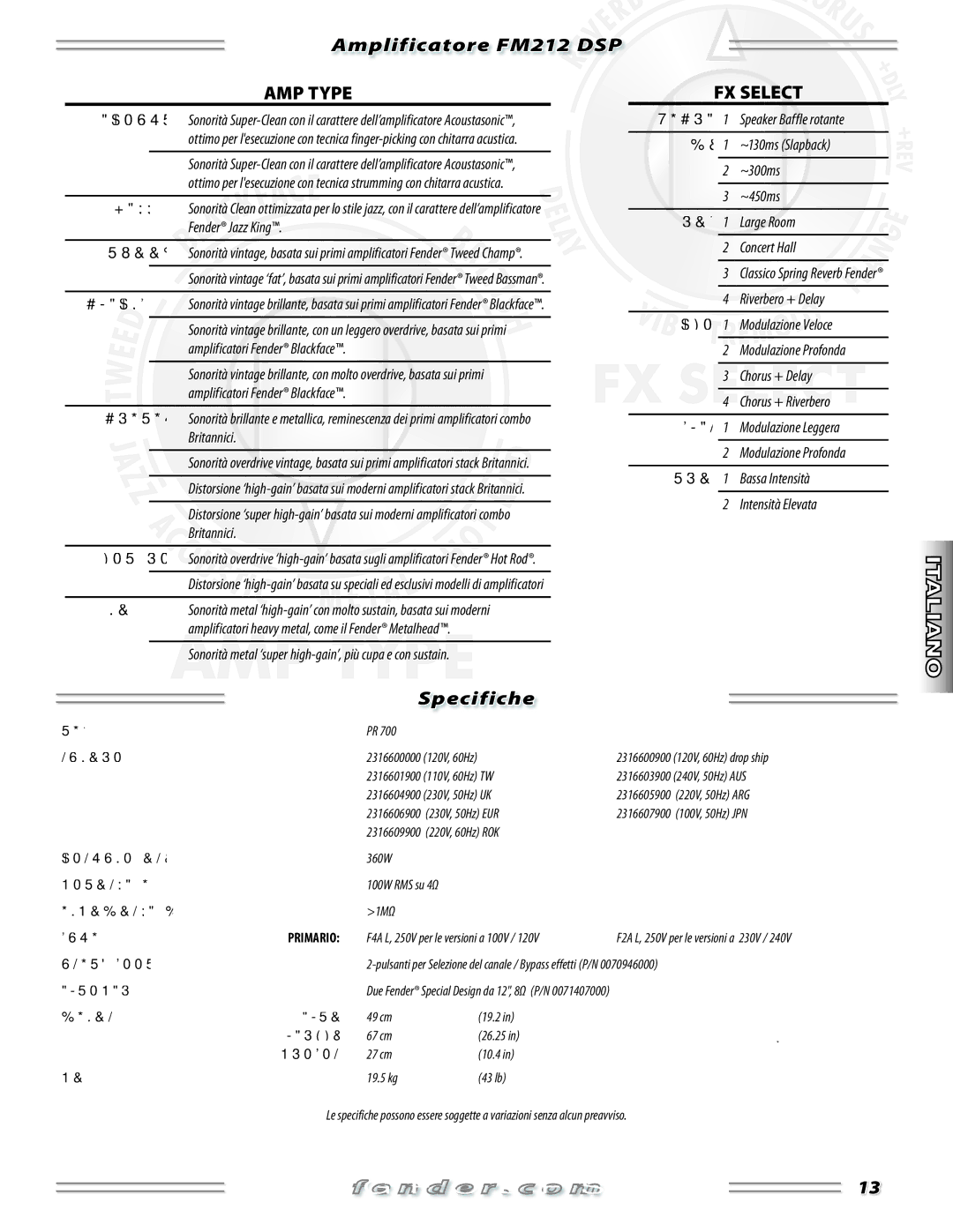 Fender FM 212 DSP manual Specifiche 