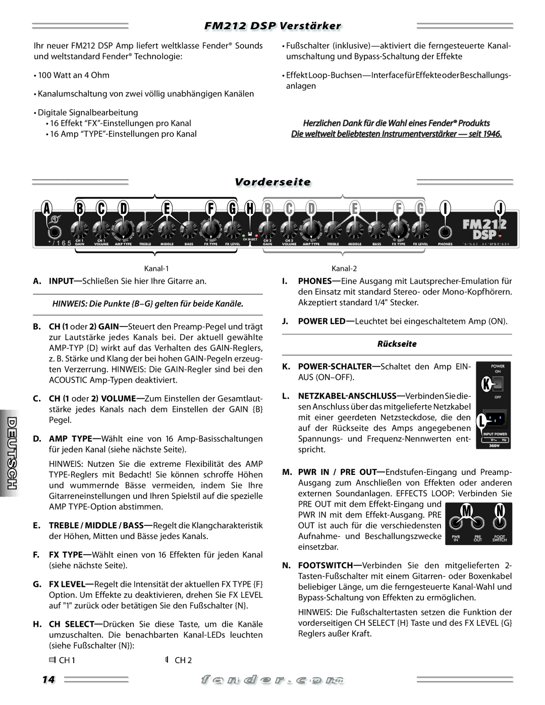 Fender FM 212 DSP manual FM212 DSP Verstärker, Vorderseite, Hinweis Die Punkte B-G gelten für beide Kanäle, Rückseite 