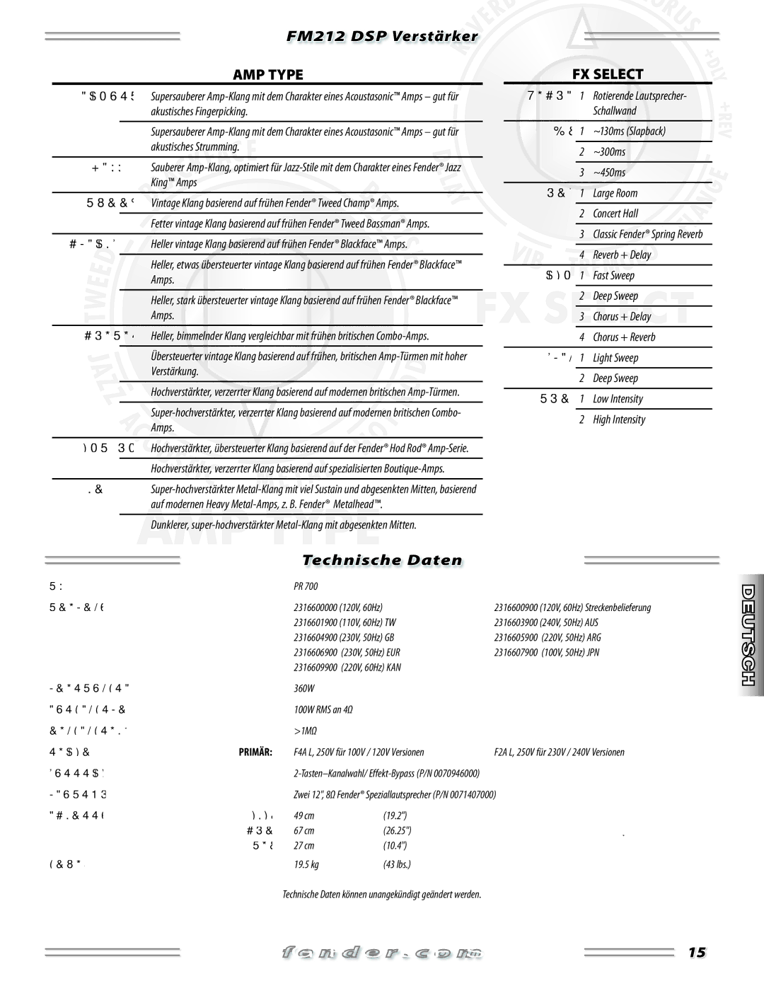 Fender FM 212 DSP manual Technische Daten 