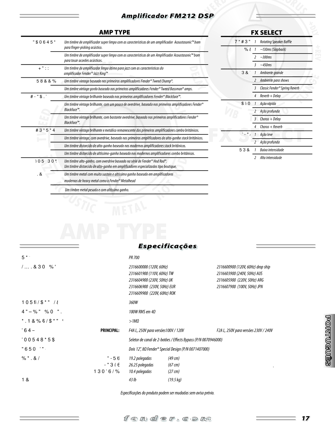 Fender FM 212 DSP manual Especificações 