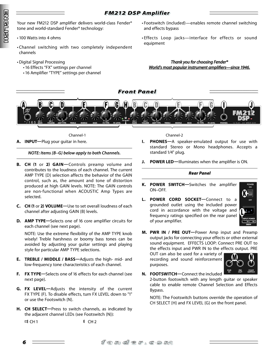 Fender FM 212 DSP manual FM212 DSP Amplifier, Front Panel, Rear Panel, Channel-1, Channel-2 