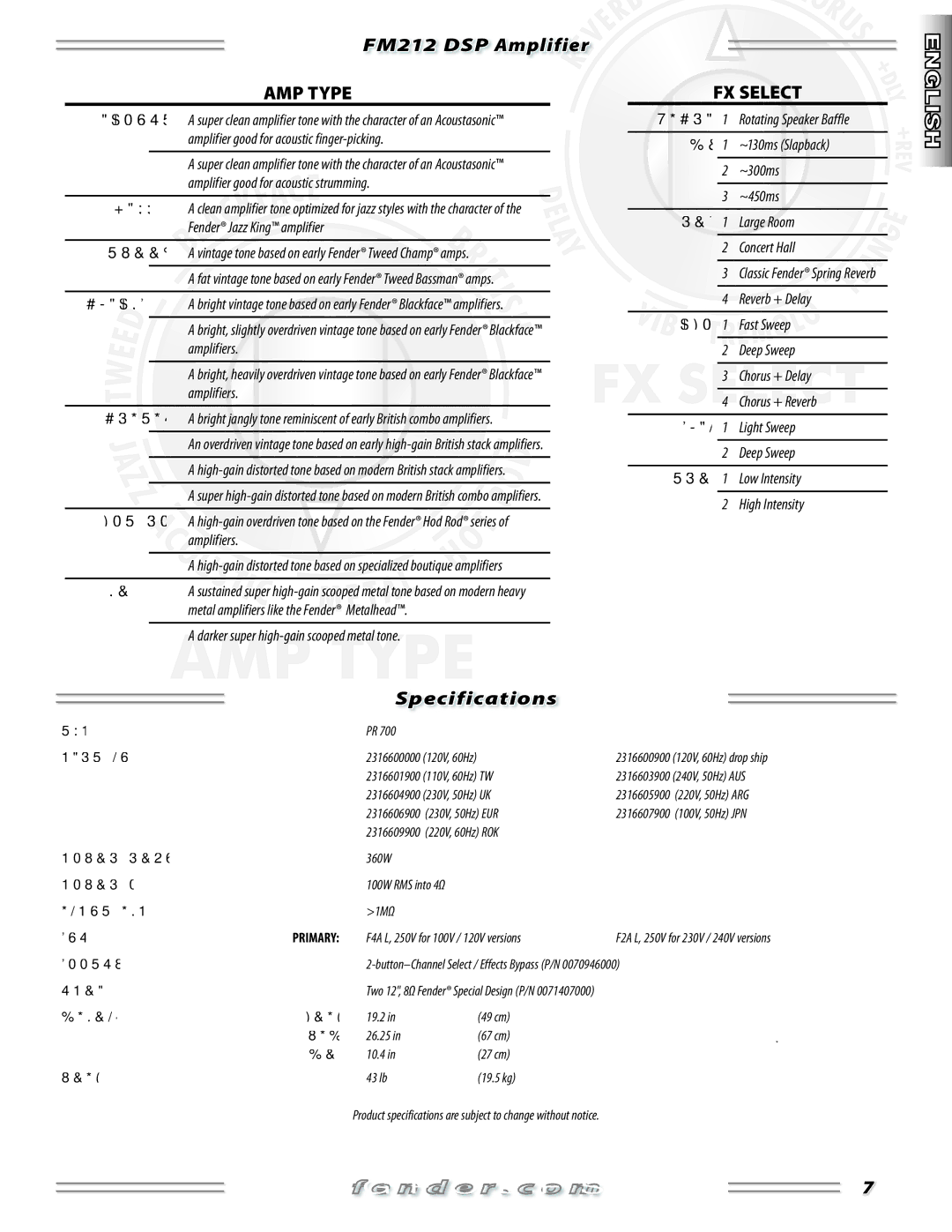 Fender FM 212 DSP manual Specifications 