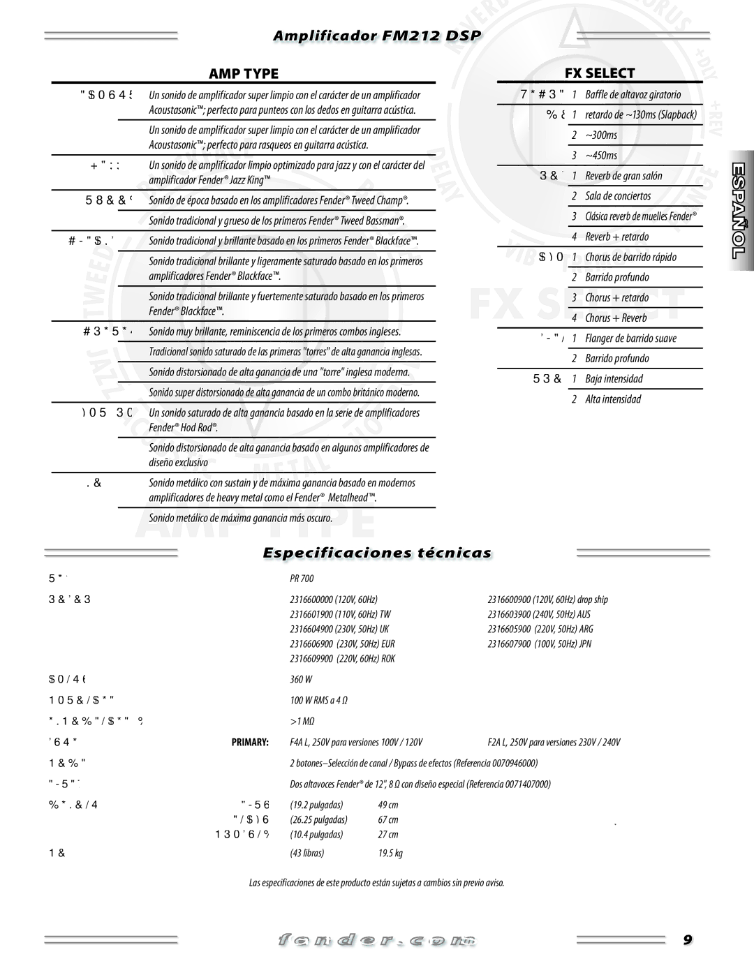 Fender FM 212 DSP manual Especificaciones técnicas 