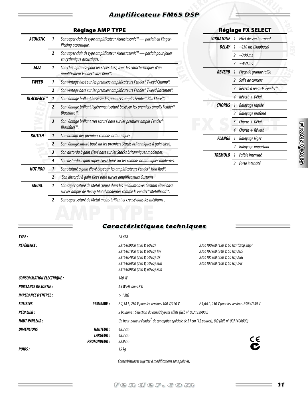 Fender FM 65 DSP manual Caractéristiques techniques 