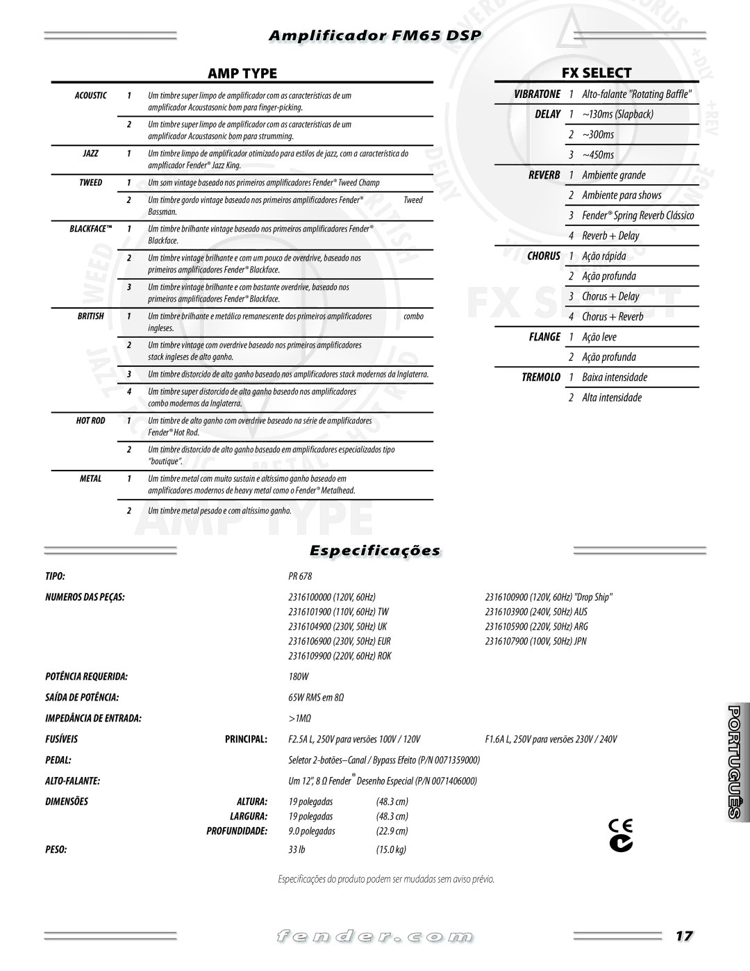 Fender FM 65 DSP manual Especificações, Rande, Ação rápid a Ação profunda Chorus + Delay 