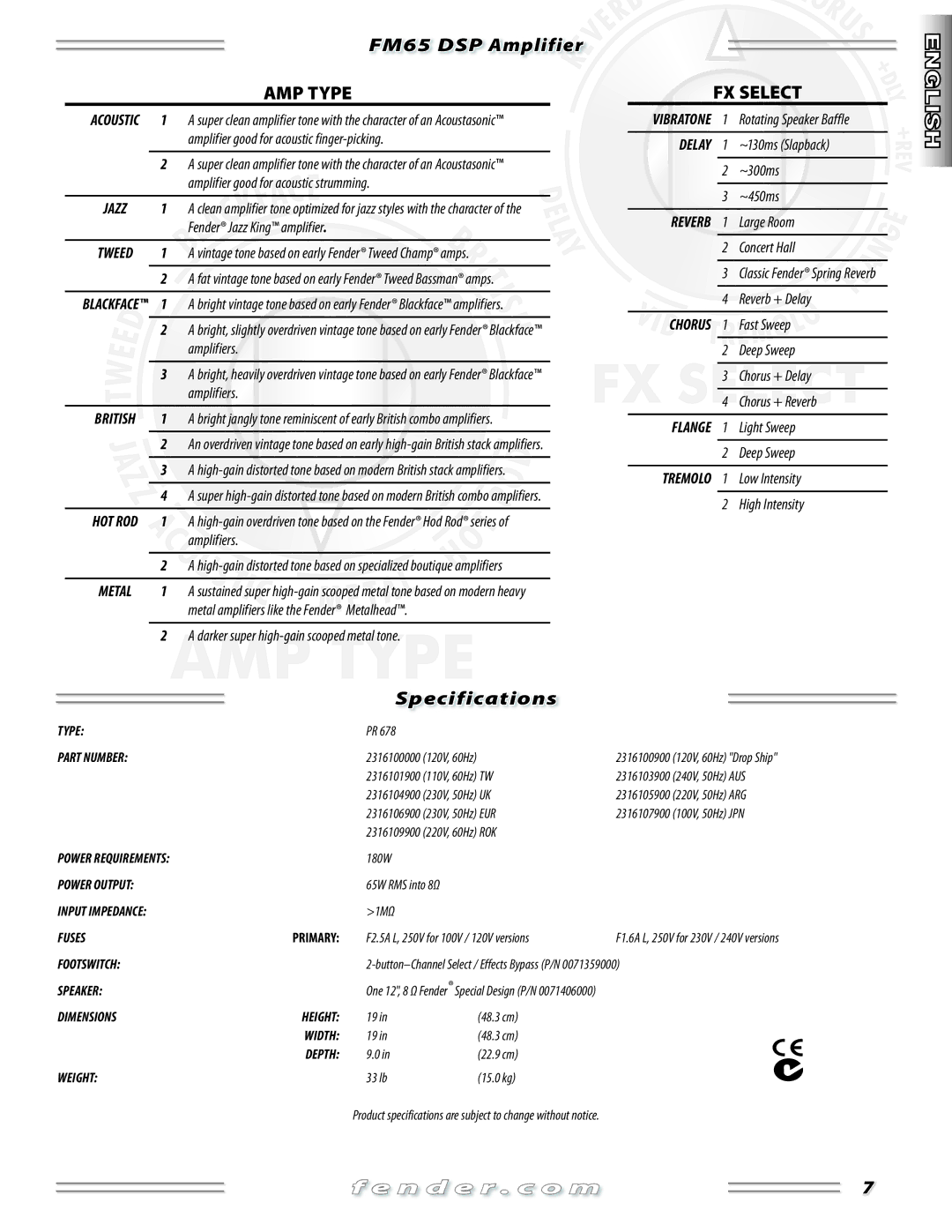 Fender FM 65 DSP manual Specifications 