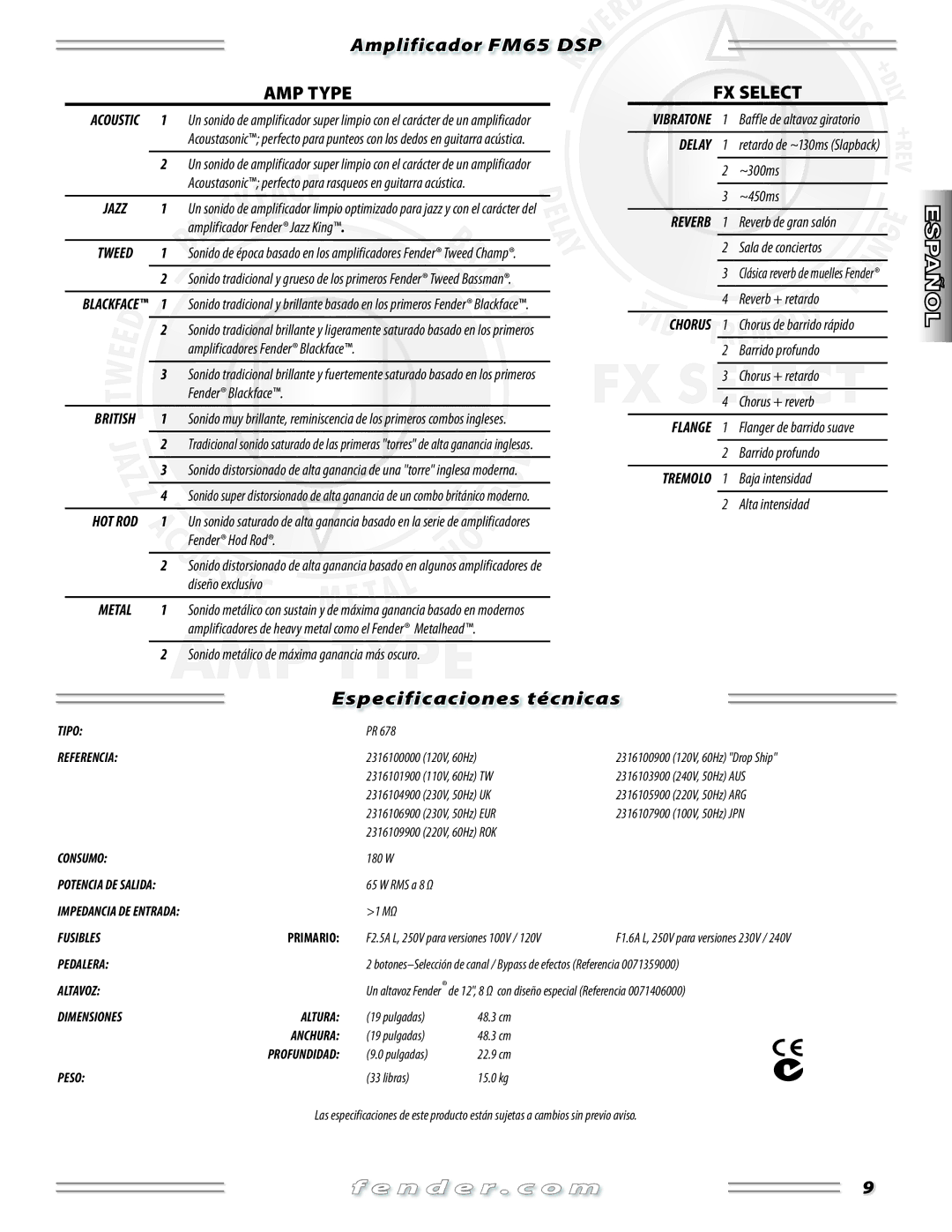 Fender FM 65 DSP manual Especificaciones técnicas 