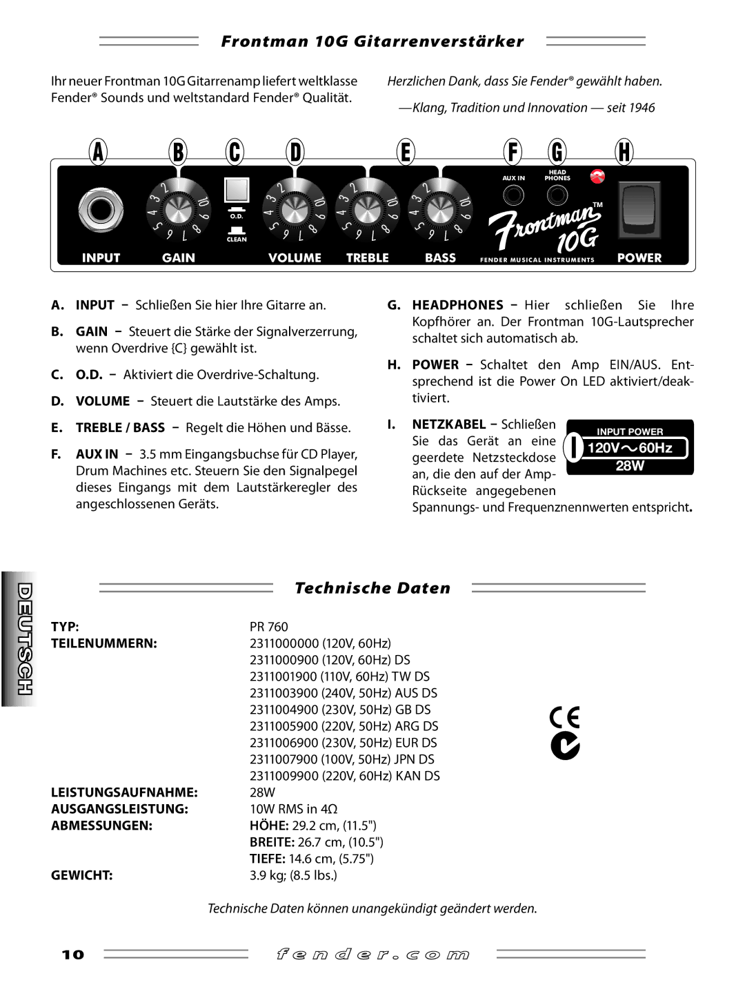 Fender manual Frontman 10G Gitarrenverstärker, Technische Daten 