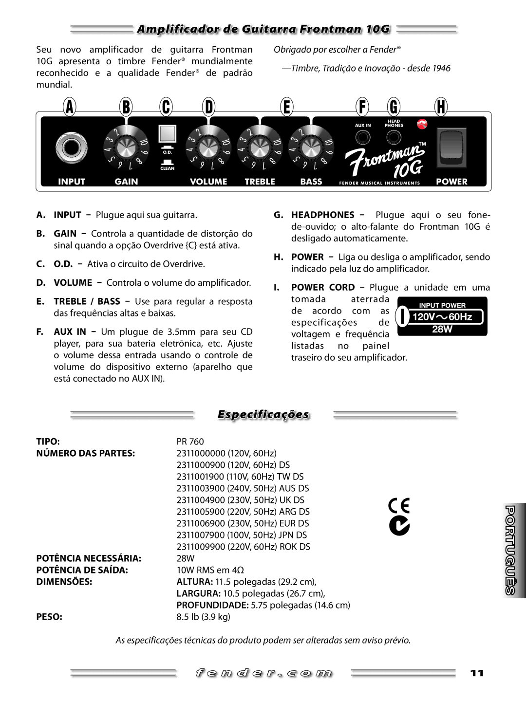 Fender manual Amplificador de Guitarra Frontman 10G, Especificações 