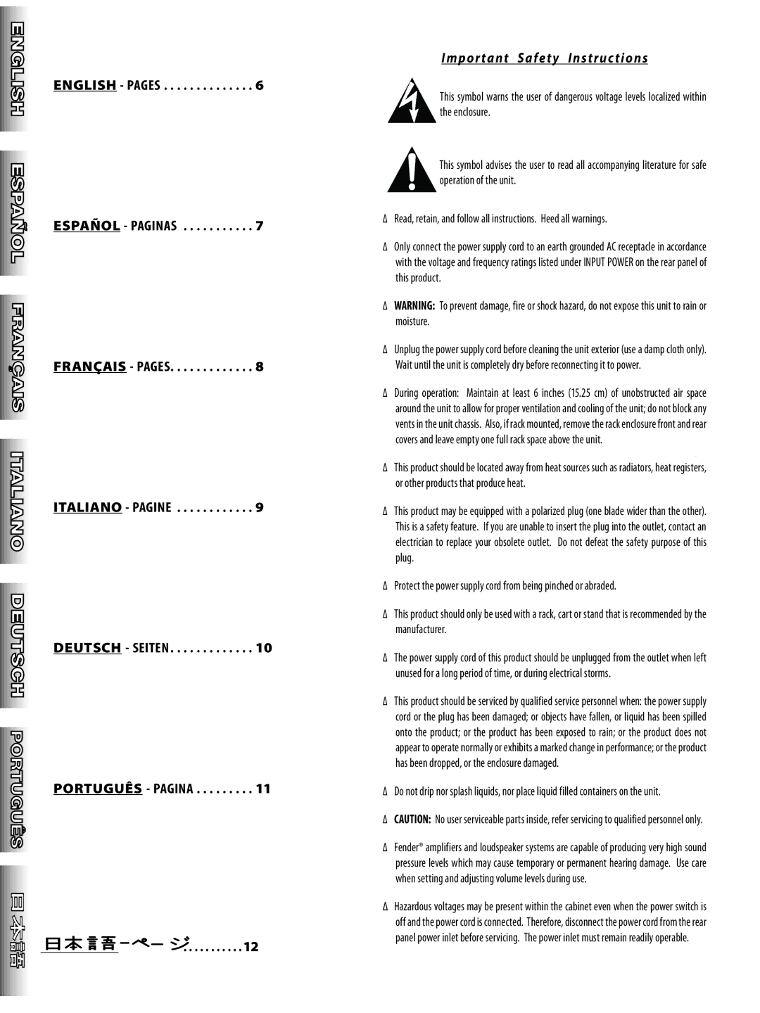 Fender Frontman 10G manual Important Safety Instructions 