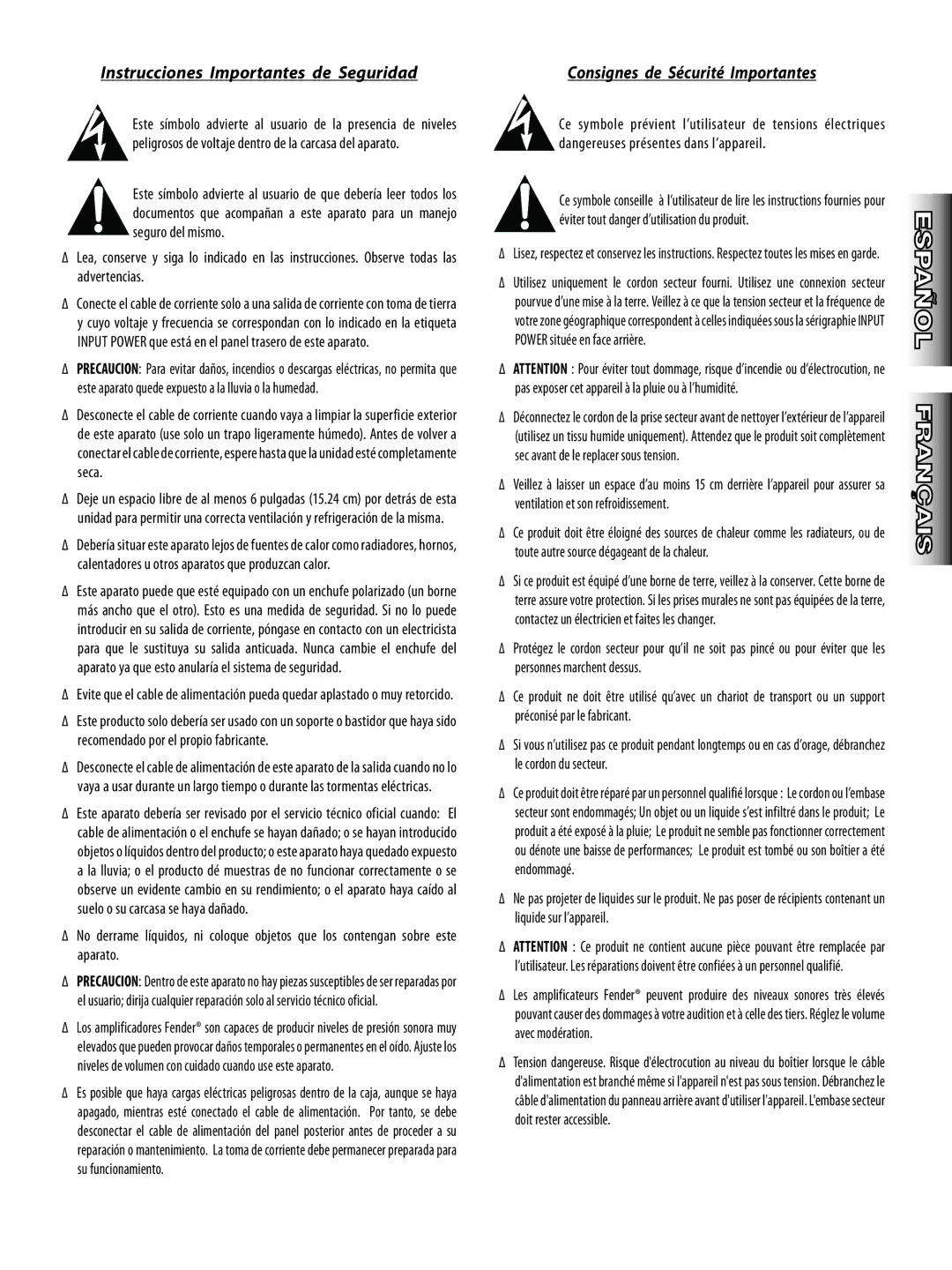 Fender Frontman 10G manual Instrucciones Importantes de Seguridad, Consignes de Sécurité Importantes 