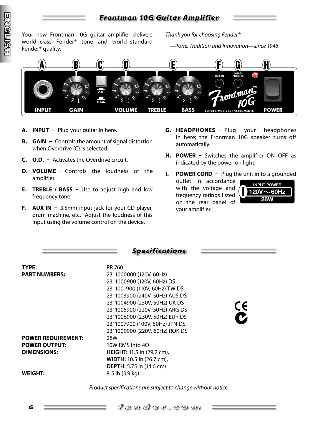 Fender manual Frontman 10G Guitar Amplifier, Specifications 