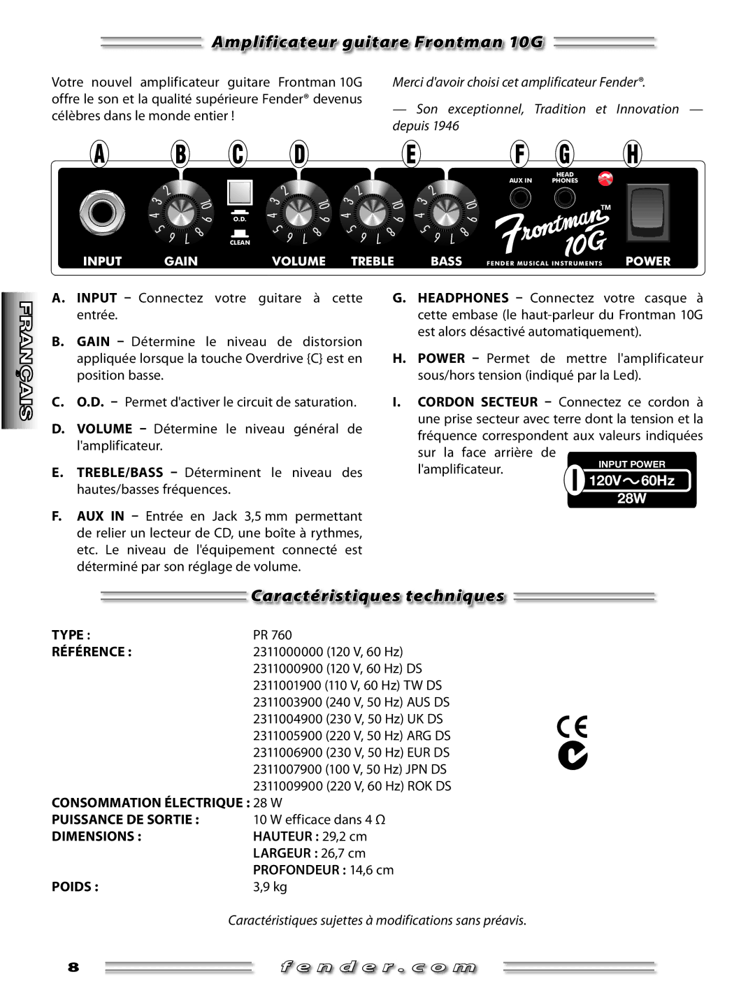 Fender manual Amplificateur guitare Frontman 10G, Caractéristiques techniques 