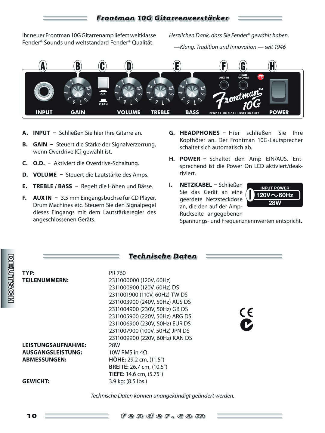 Fender Frontman 10G Gitarrenverstärker, Technische Daten, Fender Sounds und weltstandard Fender Qualität, Teilenummern 