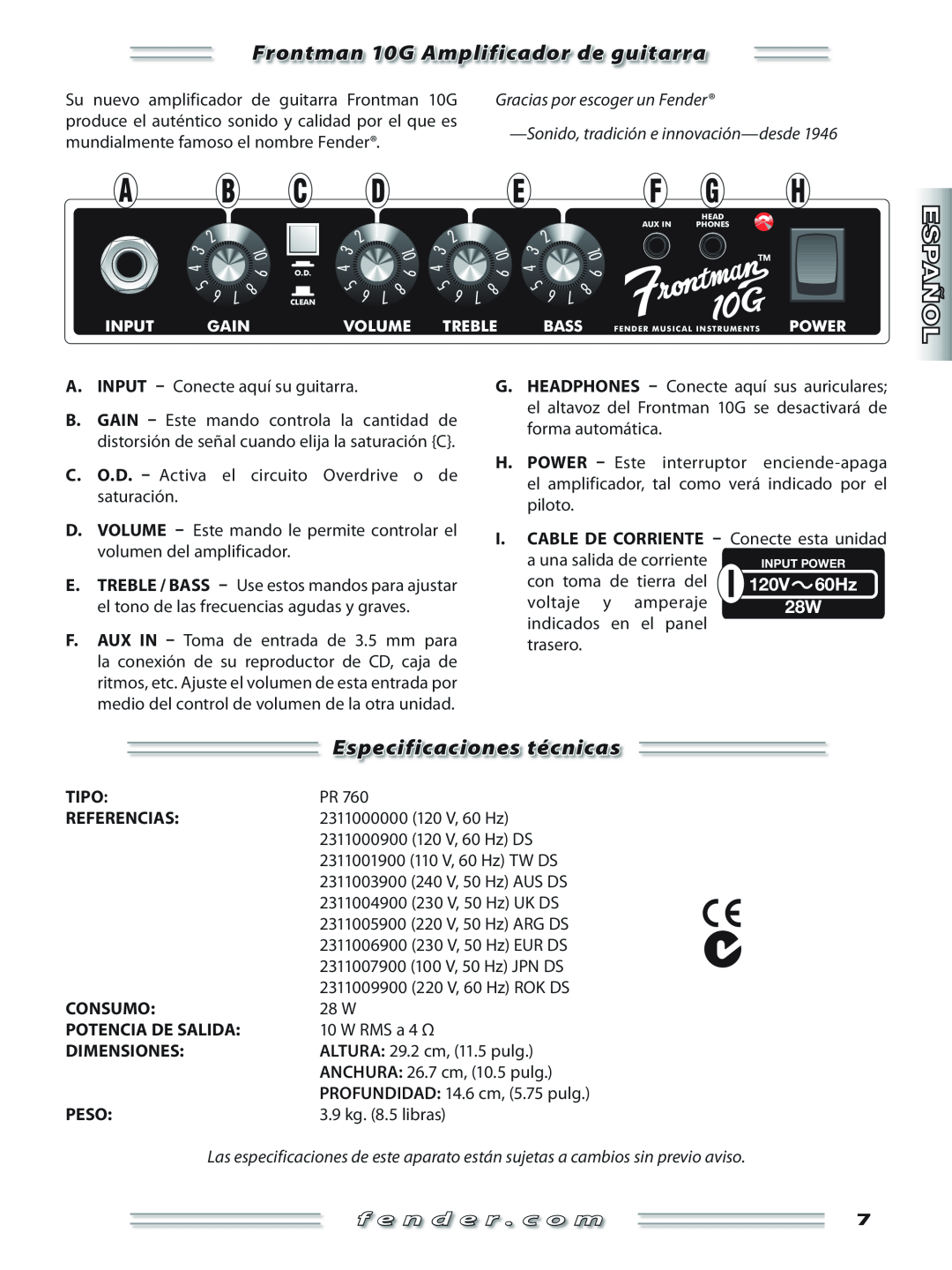 Fender Frontman 10G Amplificador de guitarra, Especificaciones técnicas, Su nuevo amplificador de guitarra Frontman 10G 