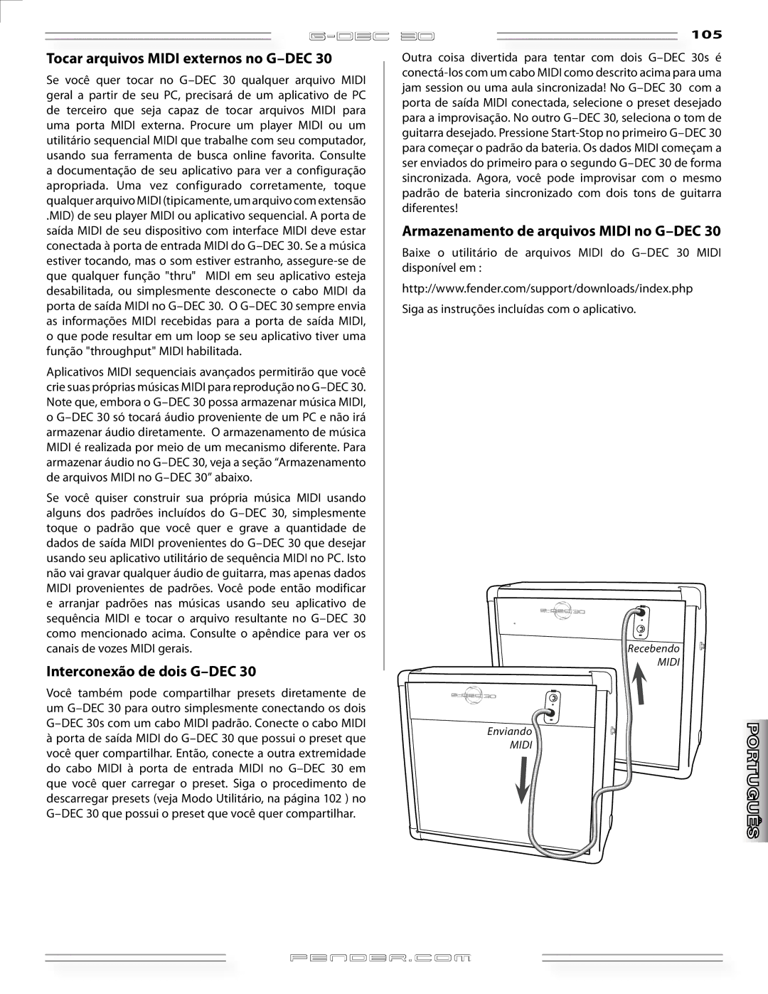 Fender G-DEC 30 manual Tocar arquivos Midi externos no G-DEC, Interconexão de dois G-DEC, Canais de vozes Midi gerais 