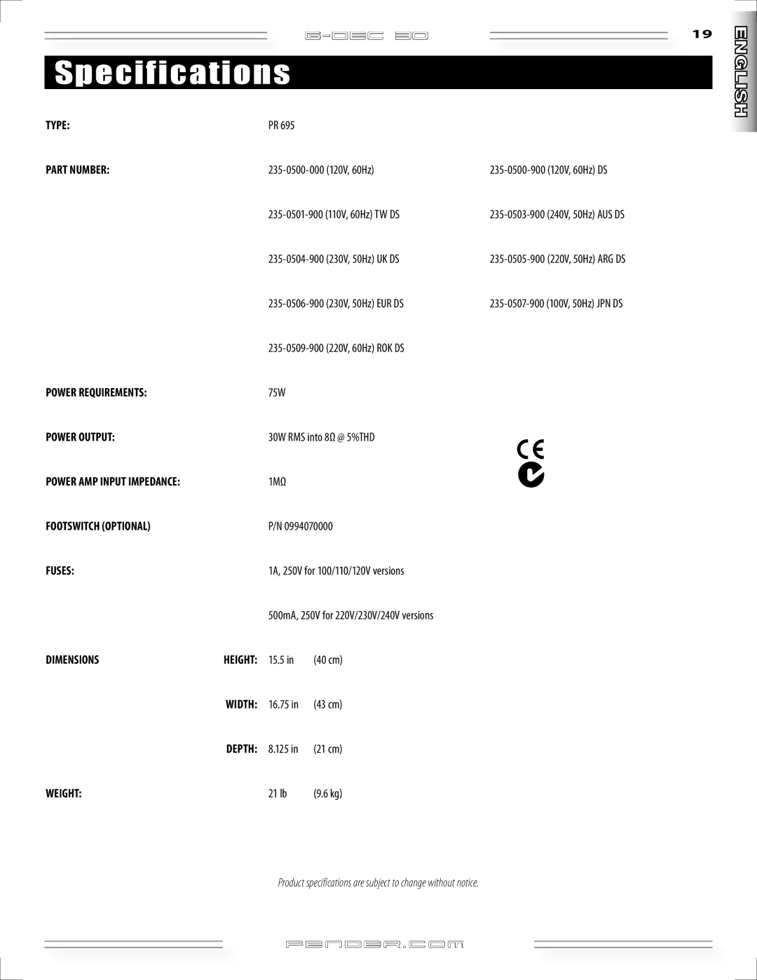 Fender G-DEC 30 manual Specifications 