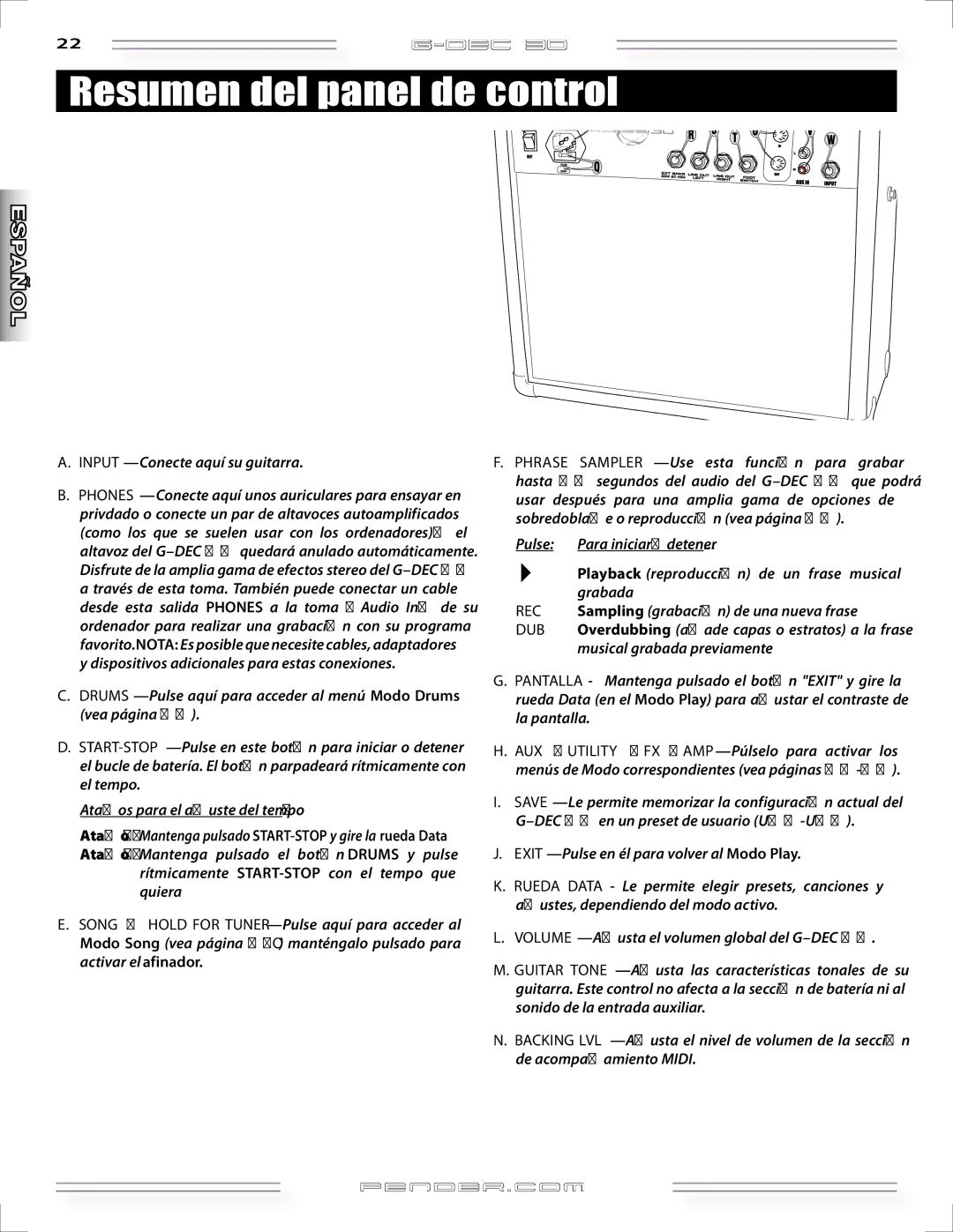 Fender G-DEC 30 manual Resumen del panel de control, INPUT-Conecte aquí su guitarra 