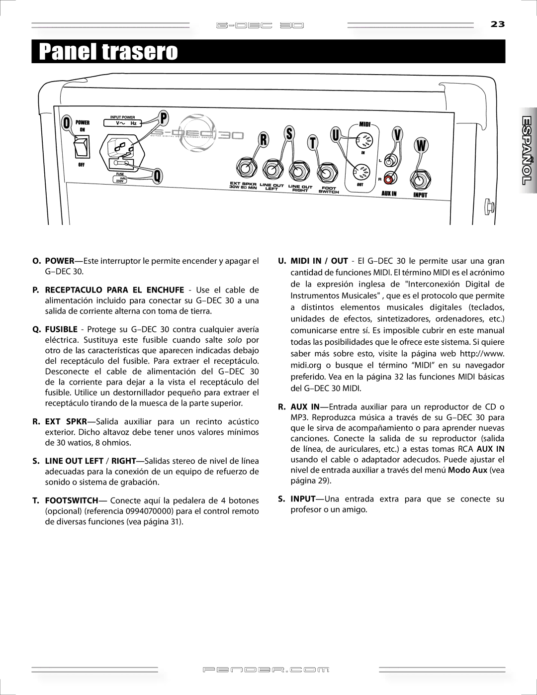 Fender G-DEC 30 manual Panel trasero, POWER-Este interruptor le permite encender y apagar el G-DEC 