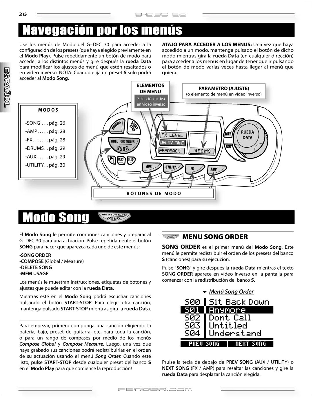 Fender G-DEC 30 manual Navegación por los menús, Modo Song, Menú Song Order, D O S, T O N E S D E M O D O 