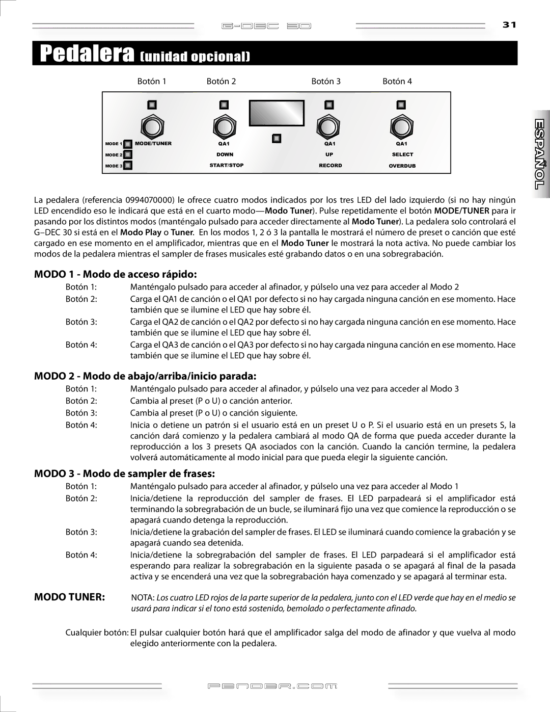 Fender G-DEC 30 Modo 1 Modo de acceso rápido, Modo 2 Modo de abajo/arriba/inicio parada, Modo 3 Modo de sampler de frases 