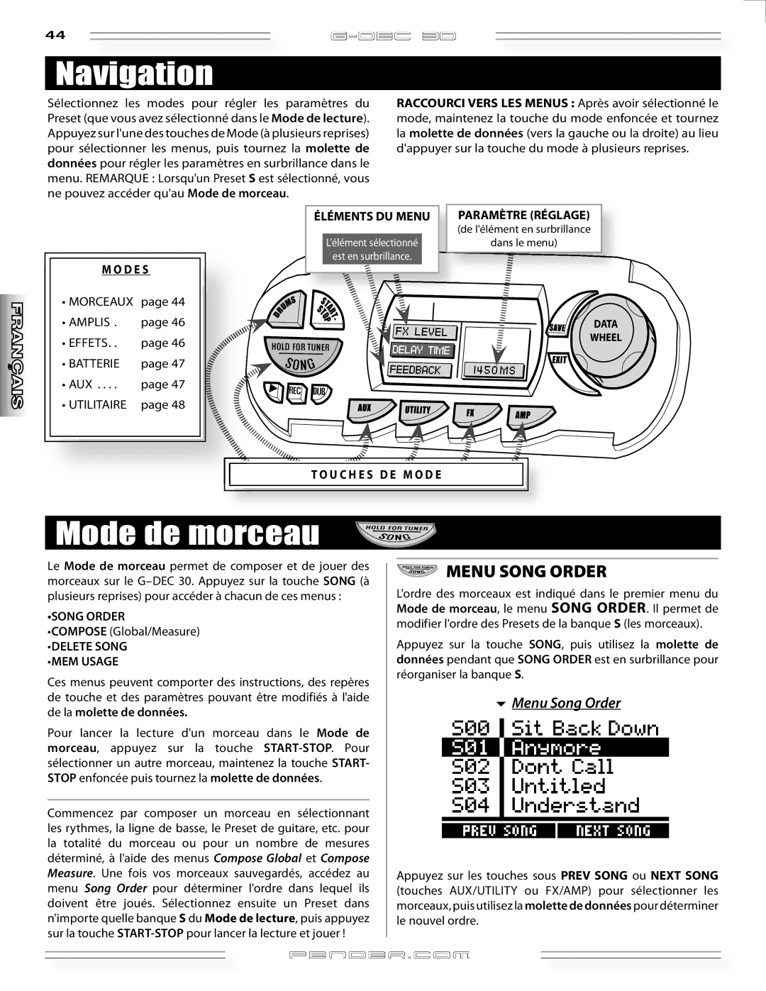 Fender G-DEC 30 manual Navigation, Mode de morceau, Menu Song Order, U C H E S D E M O D E 