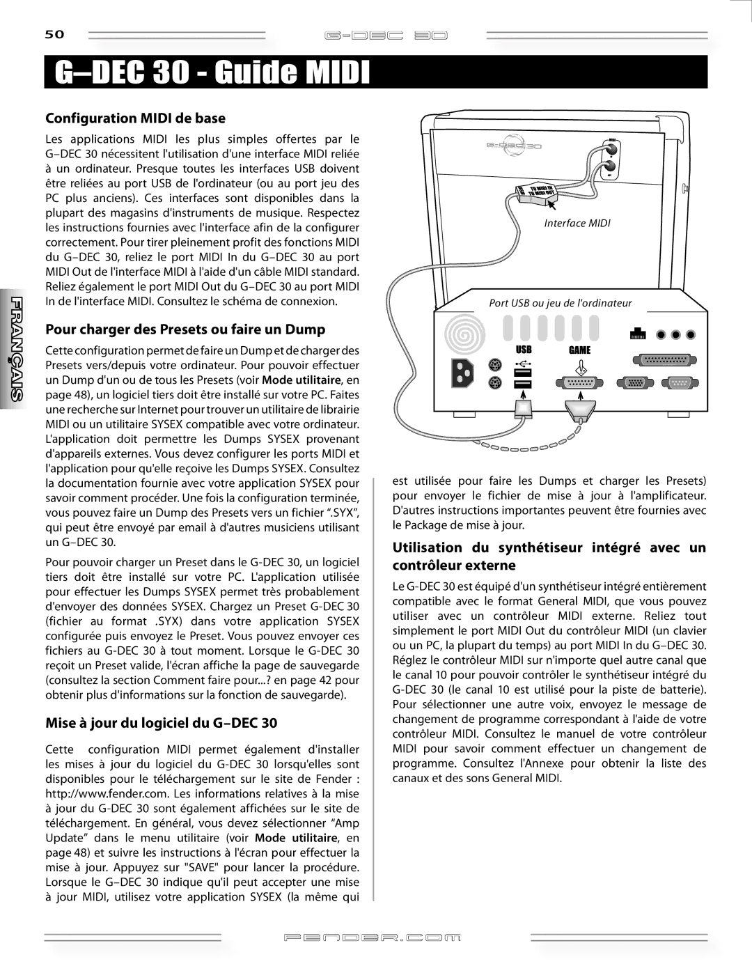 Fender G-DEC 30 manual DEC 30 Guide Midi, Configuration Midi de base, Pour charger des Presets ou faire un Dump 