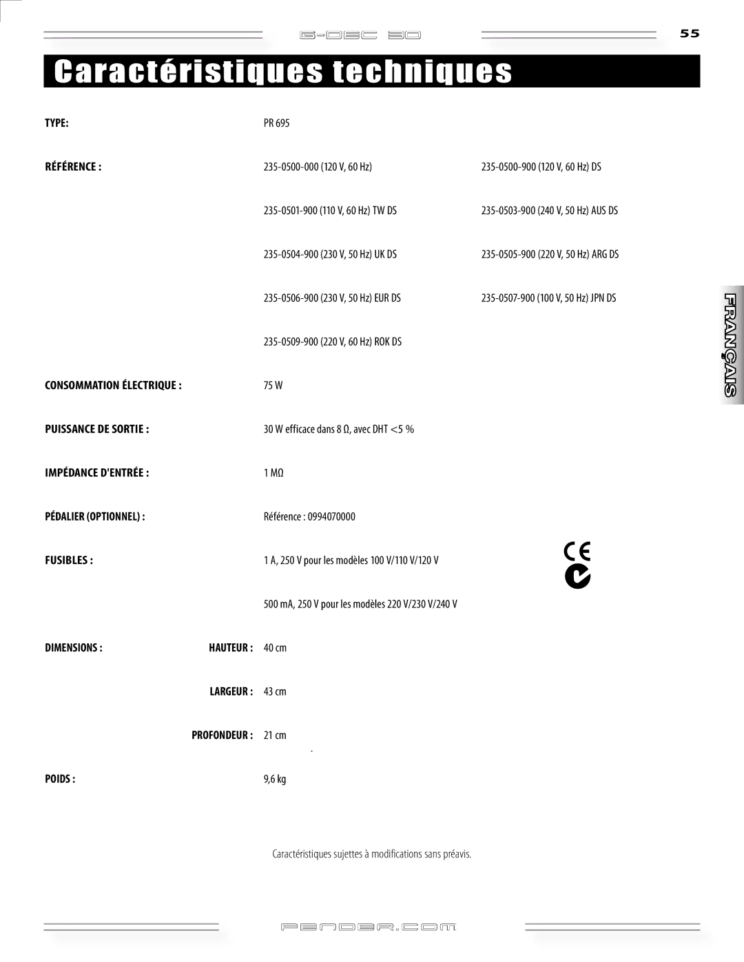 Fender G-DEC 30 Caractéristiques techniques, Type Référence, Puissance DE Sortie, Impédance Dentrée Pédalier Optionnel 