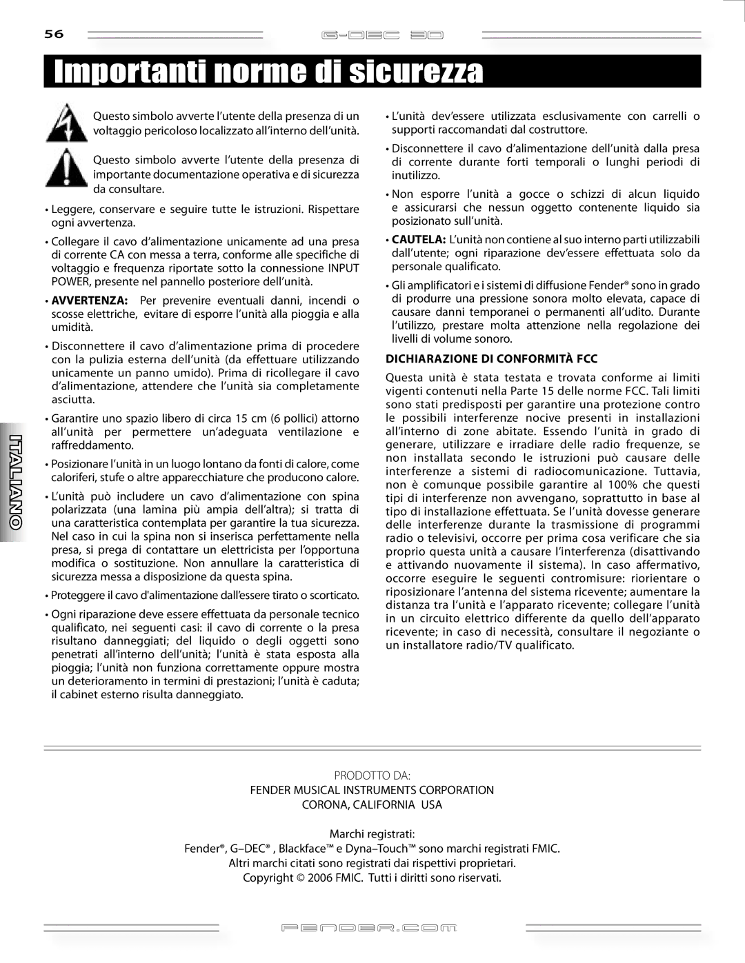 Fender G-DEC 30 manual Importanti norme di sicurezza, Dichiarazione DI Conformità FCC 