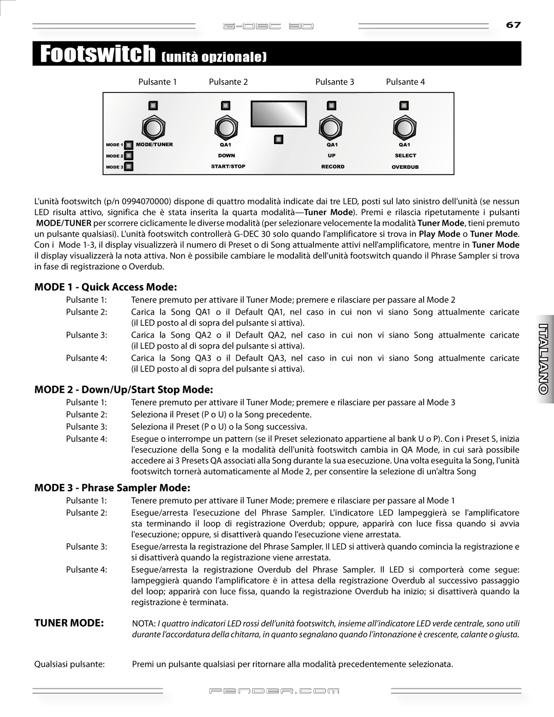 Fender G-DEC 30 manual Mode 1 Quick Access Mode, Mode 2 Down/Up/Start Stop Mode, Mode 3 Phrase Sampler Mode 