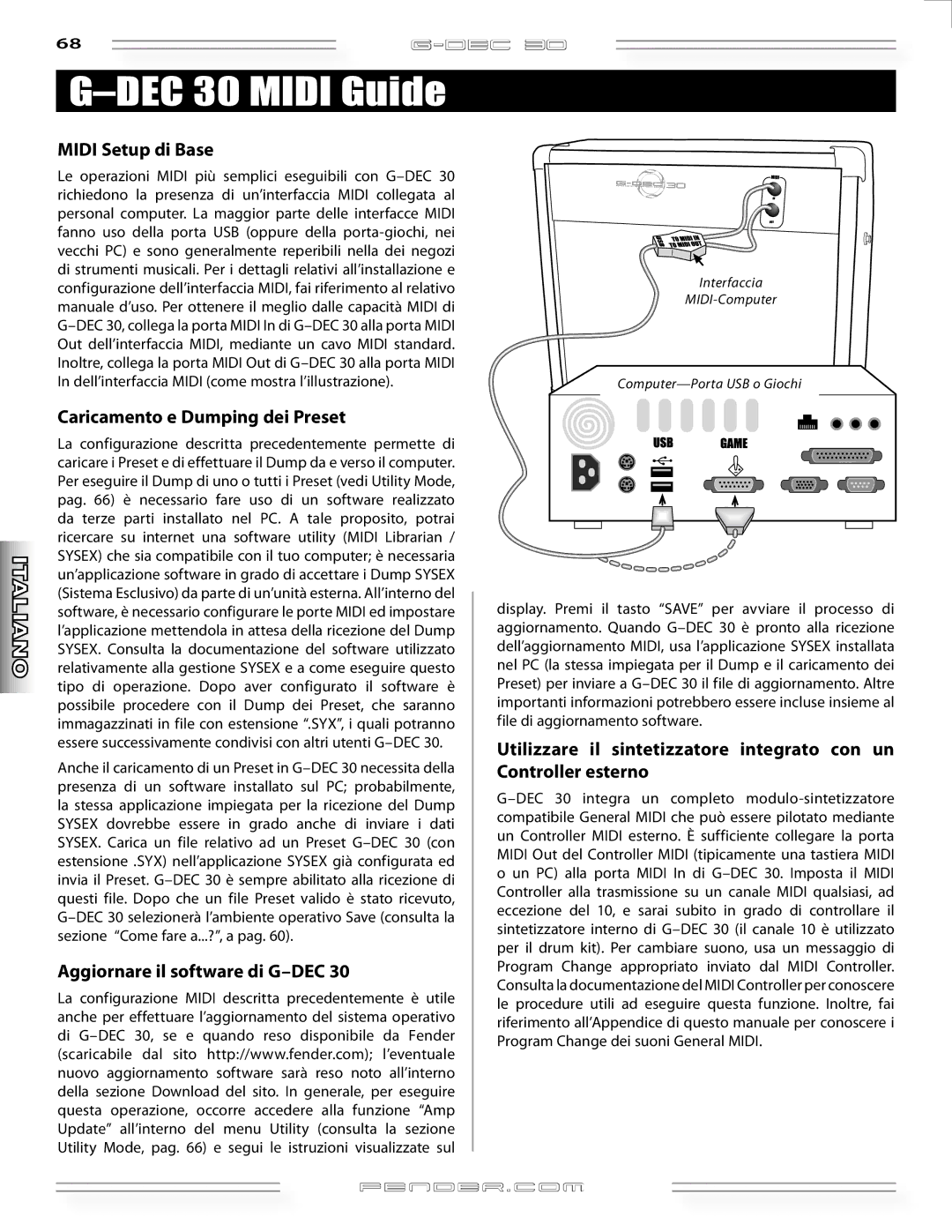 Fender G-DEC 30 manual Midi Setup di Base, Caricamento e Dumping dei Preset, Aggiornare il software di G-DEC 