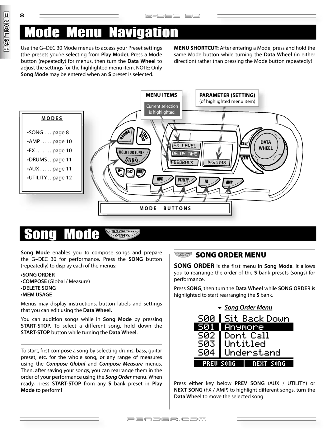 Fender G-DEC 30 manual Mode Menu Navigation, Song Mode, Song Order Menu 