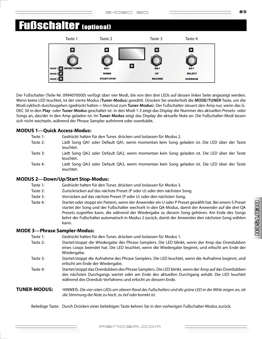 Fender G-DEC 30 manual Fußschalter optional, Modus 1-Quick Access-Modus, Modus 2-Down/Up/Start Stop-Modus, Taste 