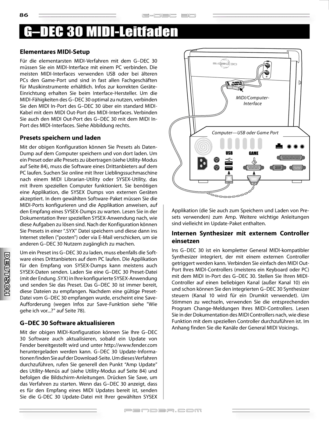 Fender G-DEC 30 DEC 30 MIDI-Leitfaden, Elementares MIDI-Setup, Presets speichern und laden, DEC 30 Software aktualisieren 