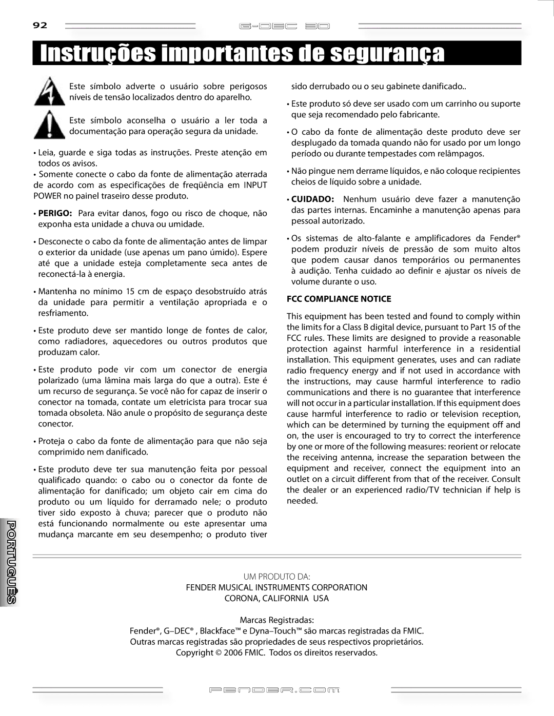 Fender G-DEC 30 Instruções importantes de segurança, Marcas Registradas, Copyright 2006 FMIC. Todos os direitos reservados 