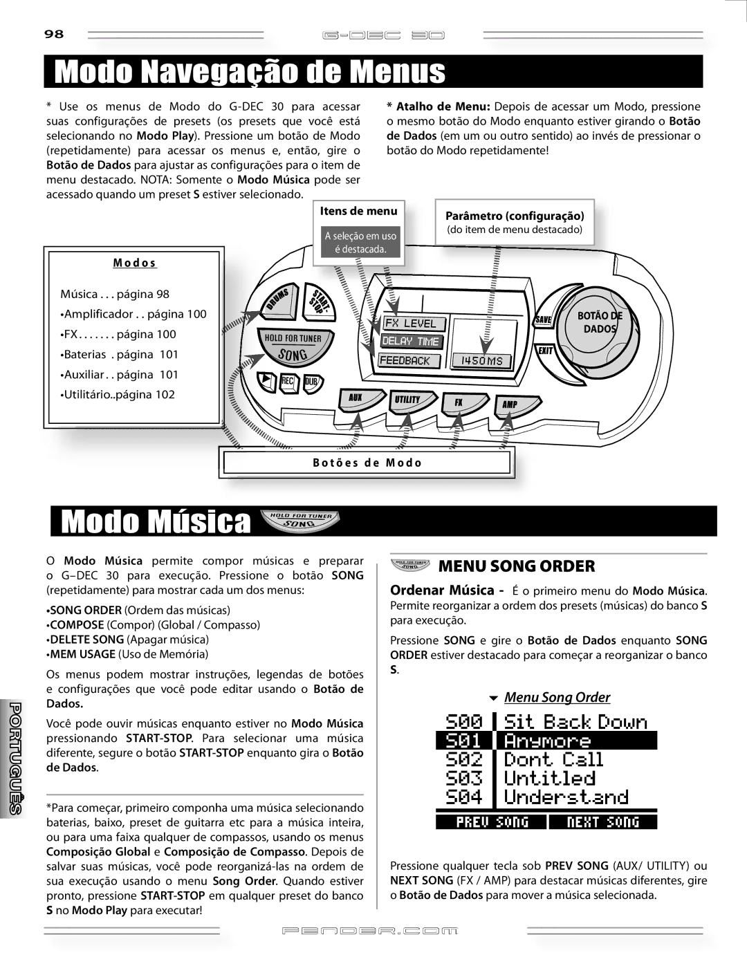 Fender G-DEC 30 manual Modo Navegação de Menus, Modo Música 