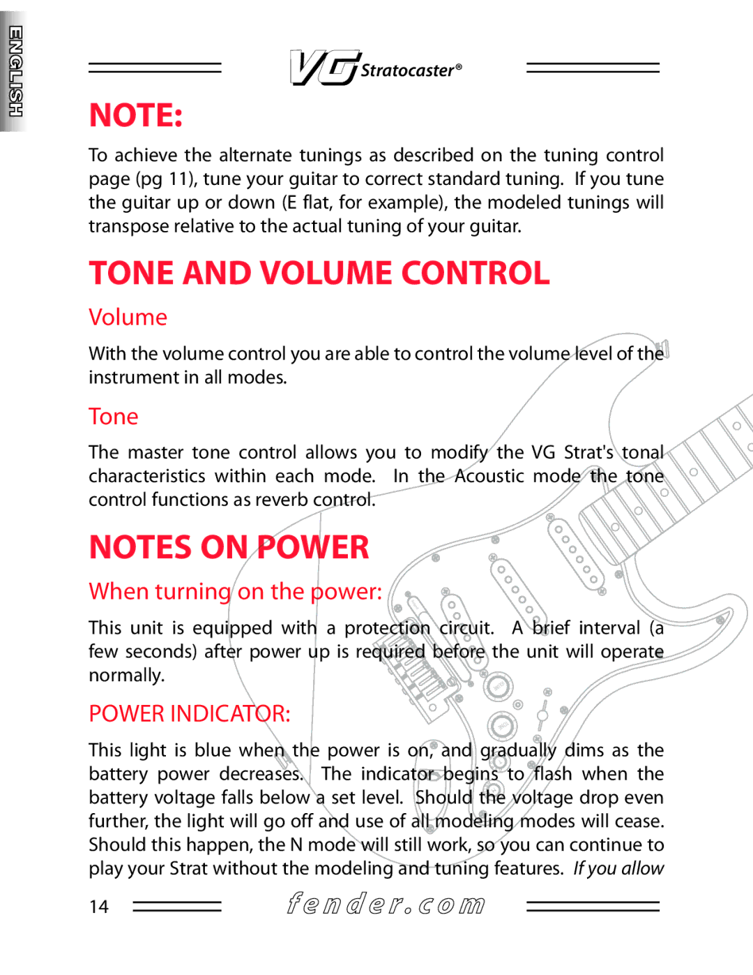 Fender Guitar manual Tone and Volume Control 