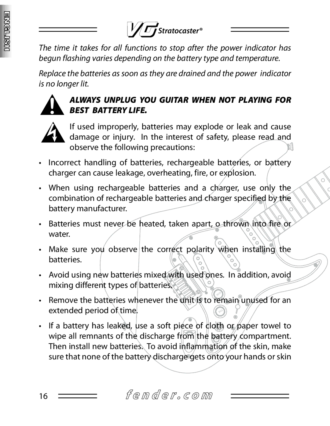 Fender Guitar manual Battery manufacturer 