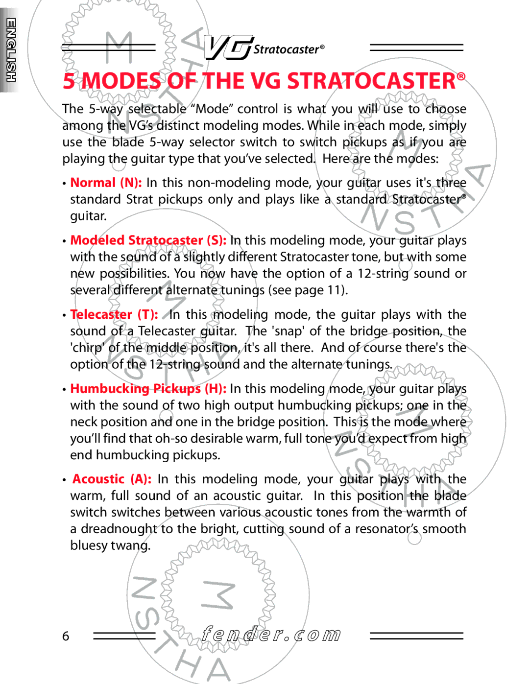 Fender Guitar manual Modes of the VG Stratocaster 